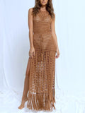 Tassel Hem Open Crochet Maxi Dress - Khaki