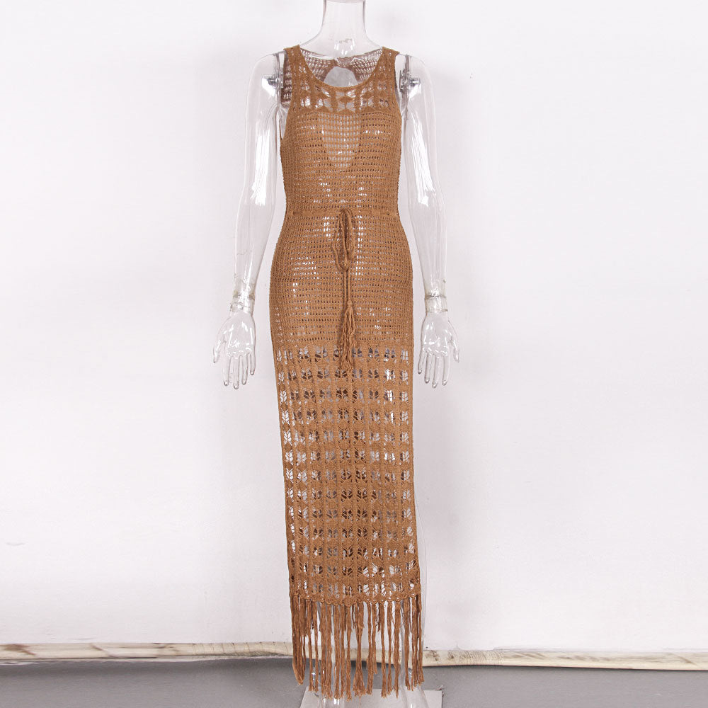 Tassel Hem Open Crochet Maxi Dress - Khaki - 1