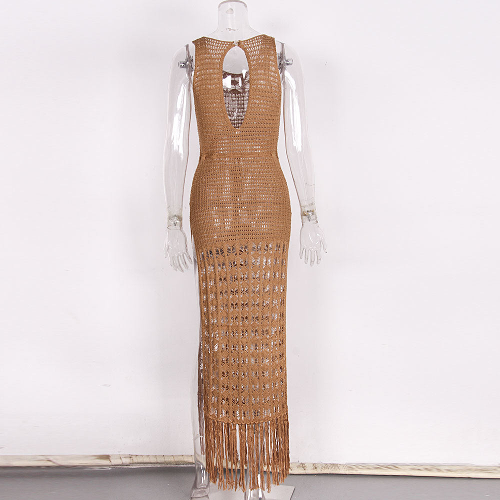 Tassel Hem Open Crochet Maxi Dress - Khaki - 2