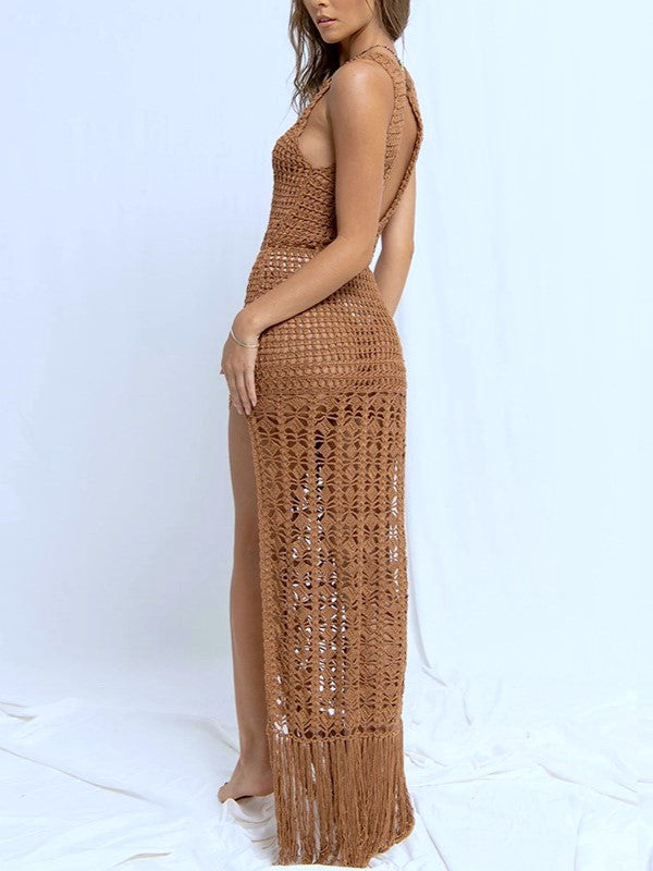 Tassel Hem Open Crochet Maxi Dress - Khaki - 3