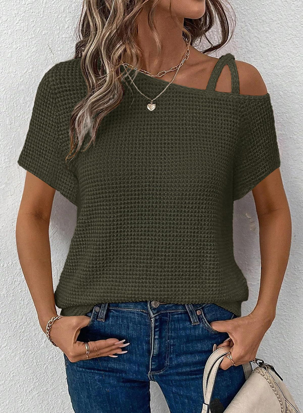 One Shoulder Waffle Knit Top - Green