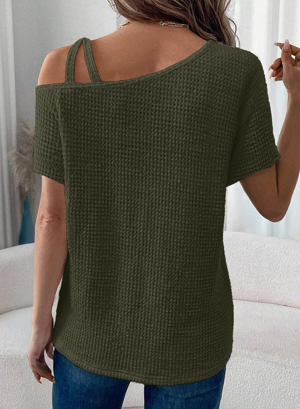 One Shoulder Waffle Knit Top - Green - 1