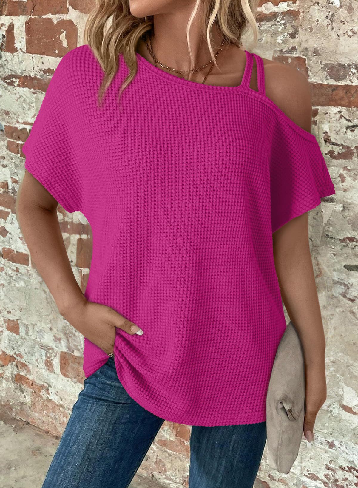 One Shoulder Waffle Knit Top - Rosered