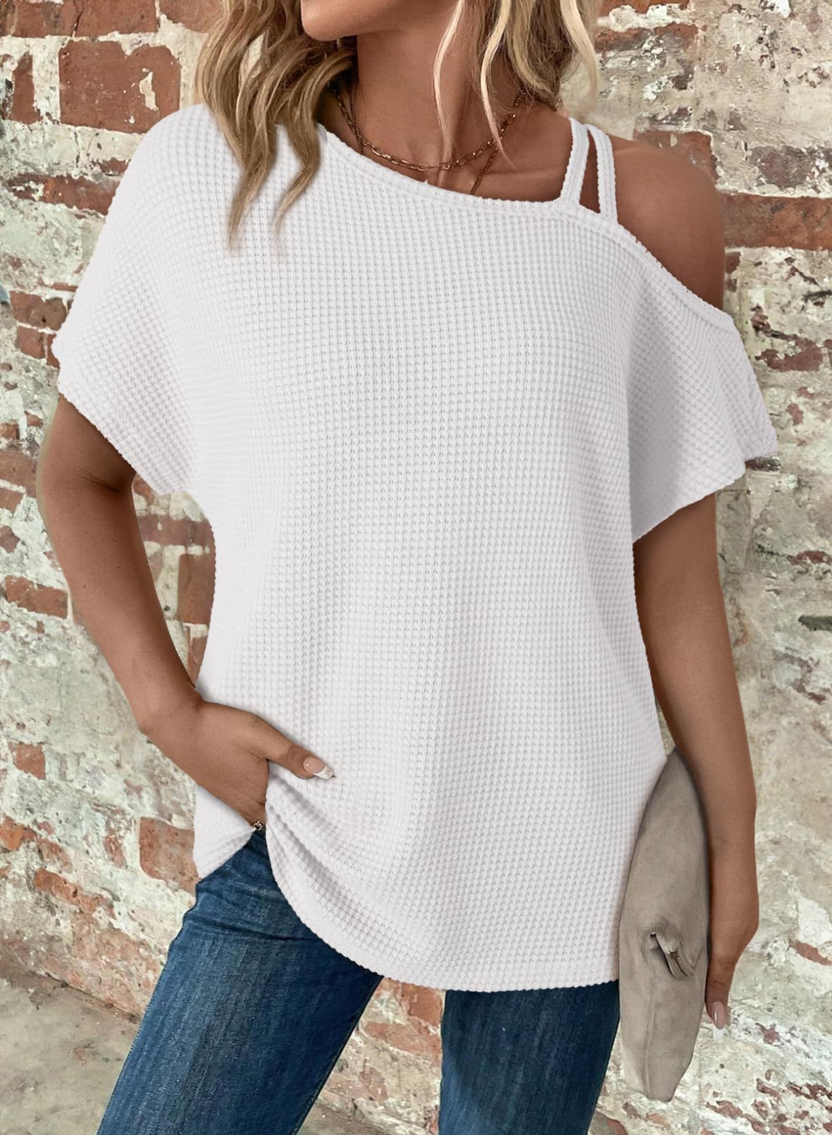 One Shoulder Waffle Knit Top - White