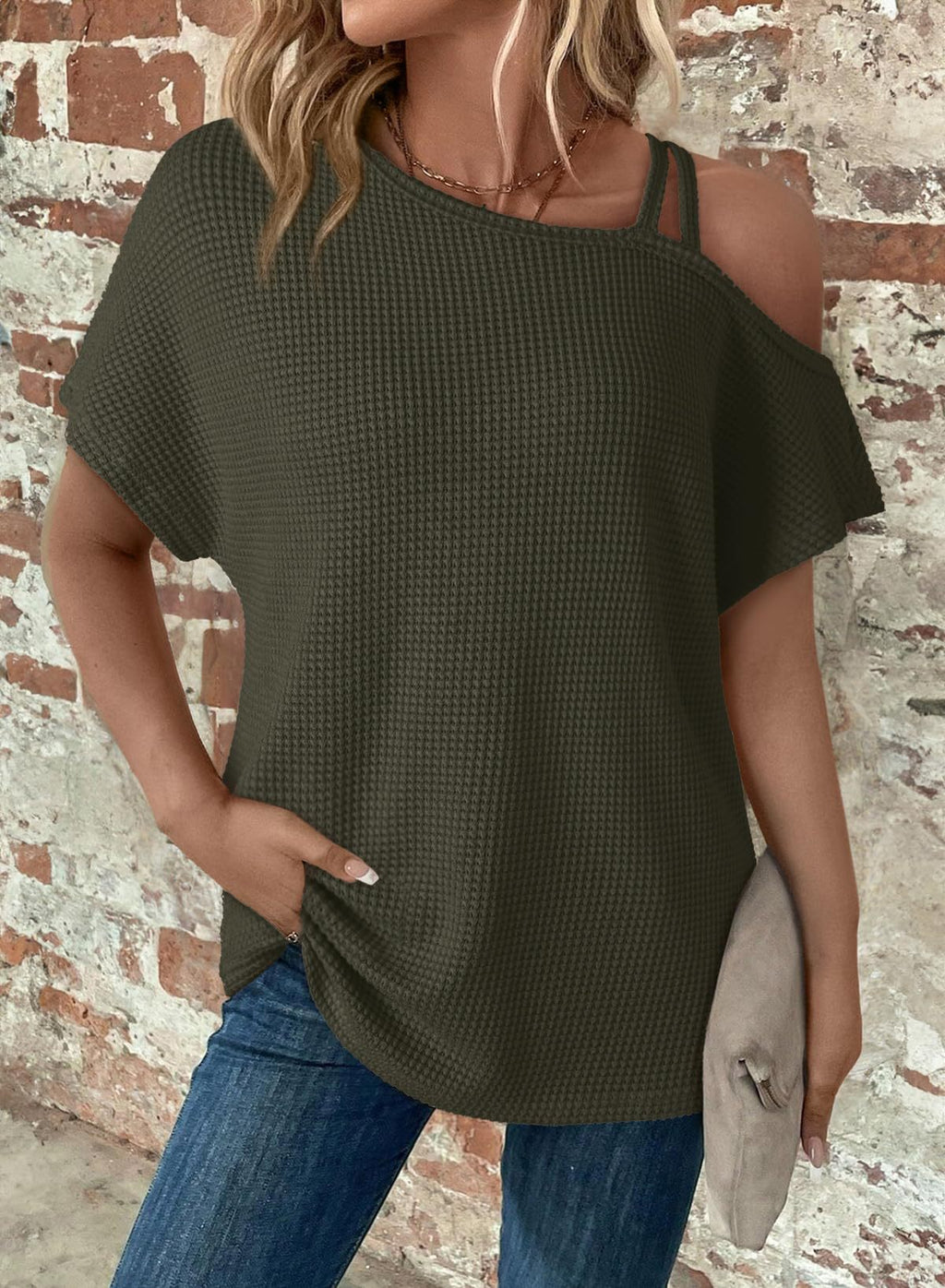 One Shoulder Waffle Knit Top