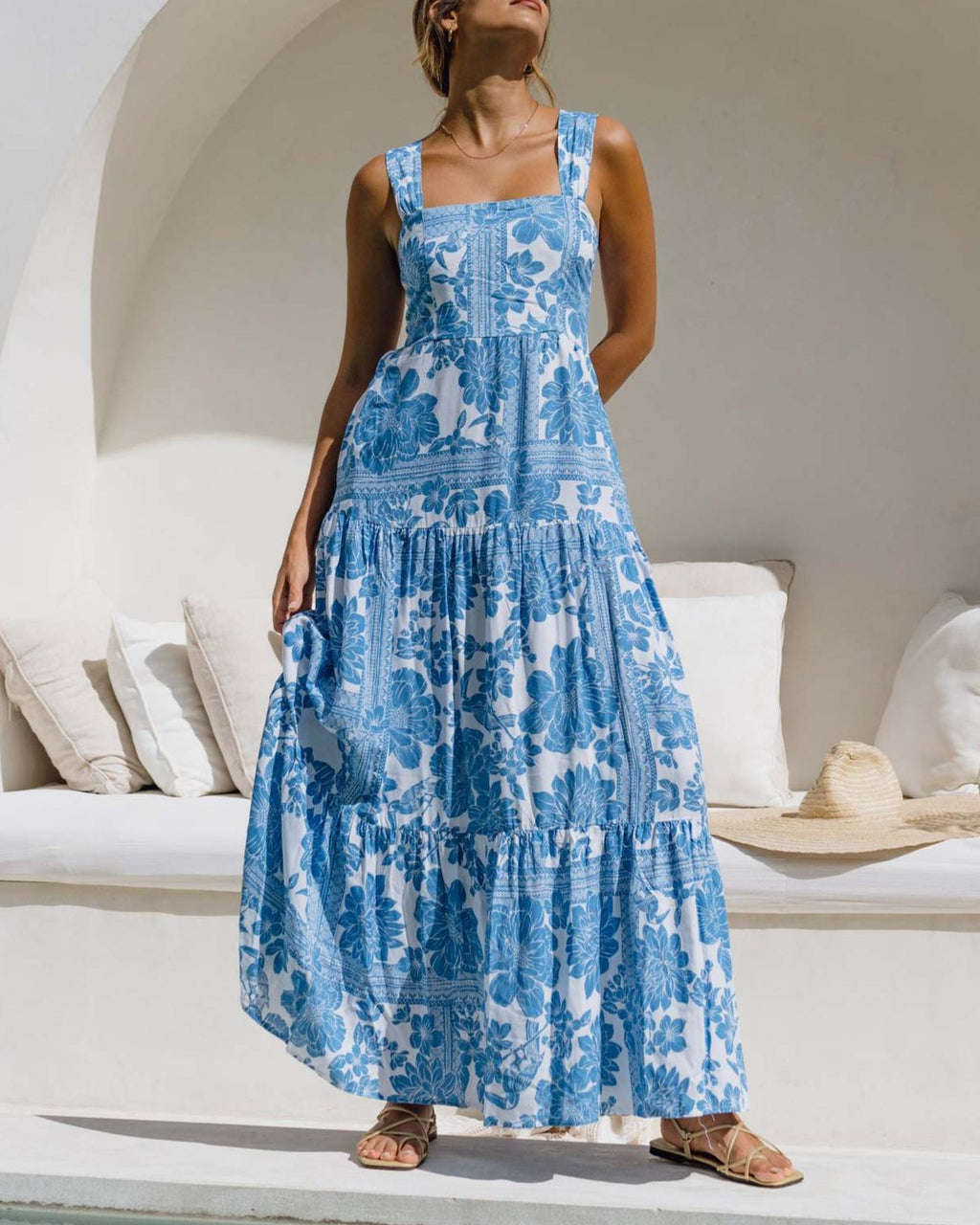 Square Neck Printed Tiered Maxi Dress - Blue