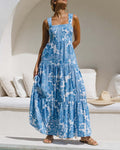 Square Neck Printed Tiered Maxi Dress - Blue