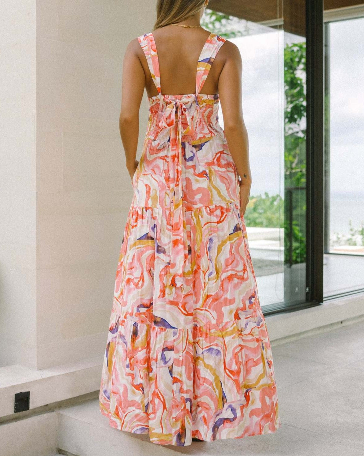 Square Neck Printed Tiered Maxi Dress - Orange - 2