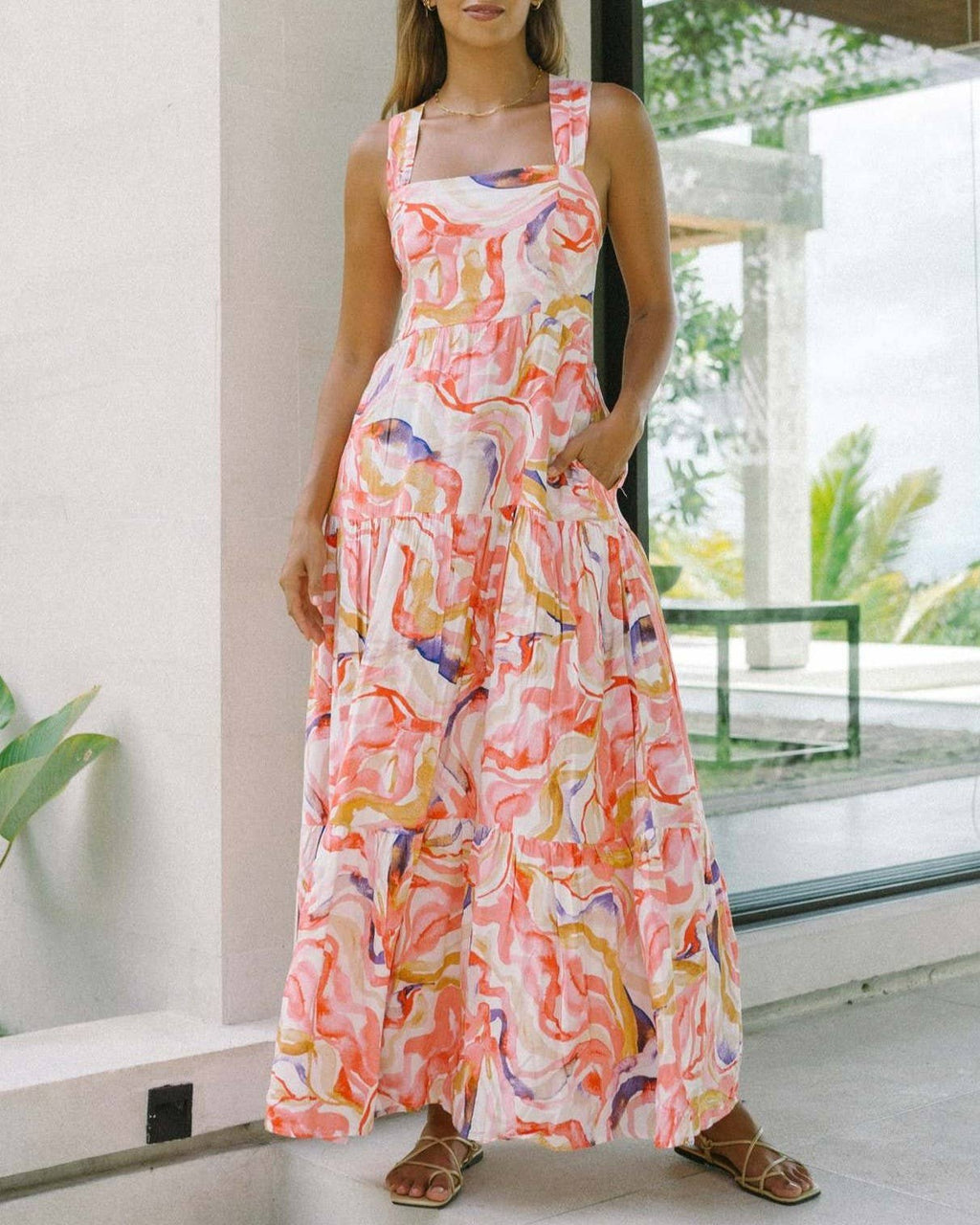 Square Neck Printed Tiered Maxi Dress