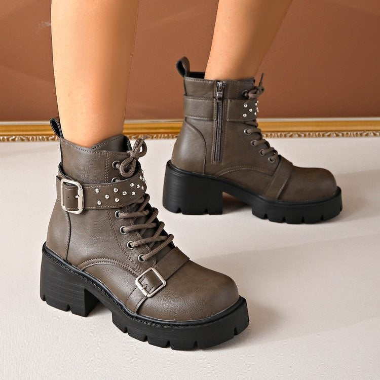 Studded Buckle Strap Lace Up Combat Boots - Taupe