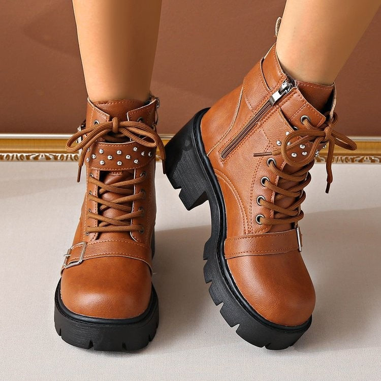 Studded Buckle Strap Lace Up Combat Boots