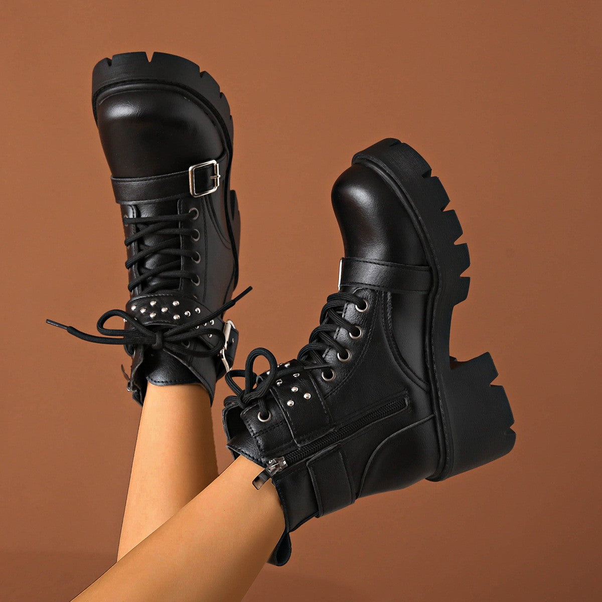 Studded Buckle Strap Lace Up Combat Boots