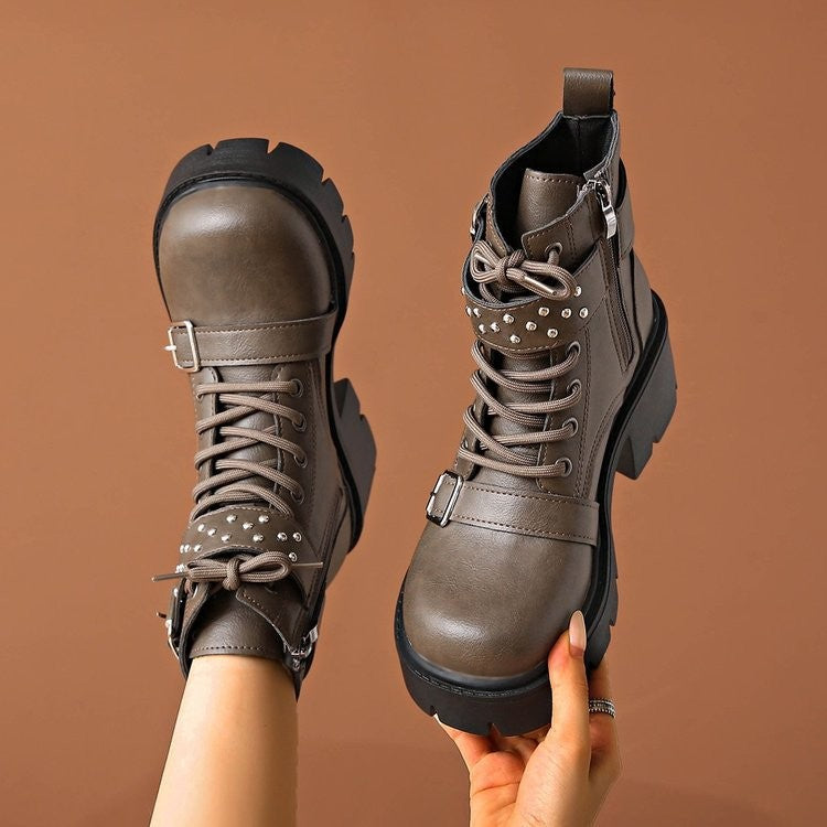 Studded Buckle Strap Lace Up Combat Boots