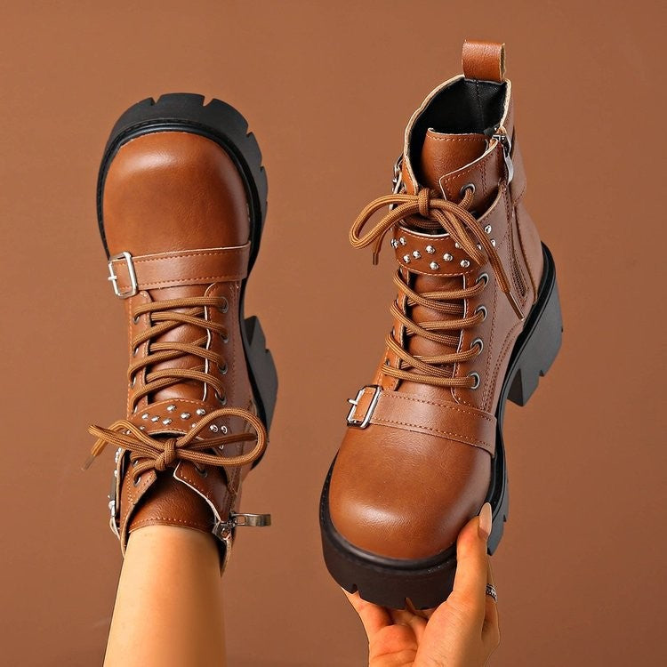 Studded Buckle Strap Lace Up Combat Boots