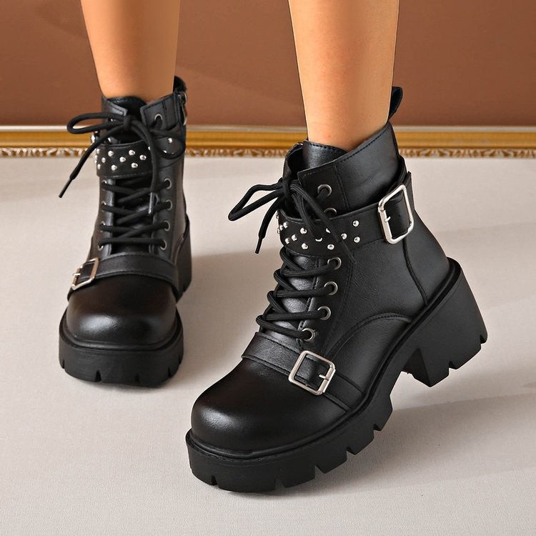 Studded Buckle Strap Lace Up Combat Boots