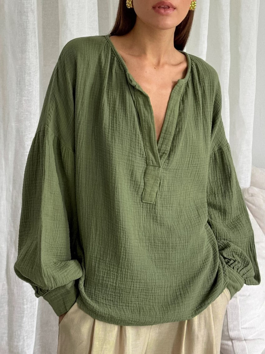 Crinkle Cotton Balloon Sleeve Popover Blouse - Green