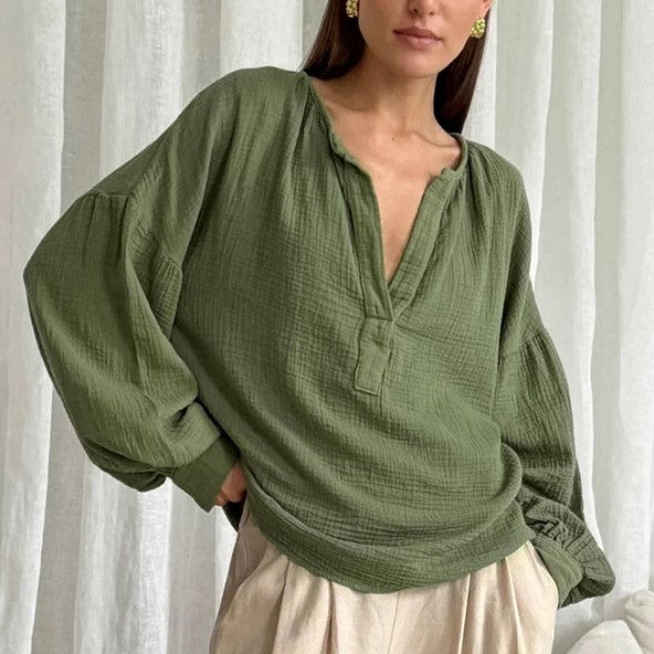 Crinkle Cotton Balloon Sleeve Popover Blouse - Green - 1