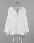 Crinkle Cotton Balloon Sleeve Popover Blouse - White