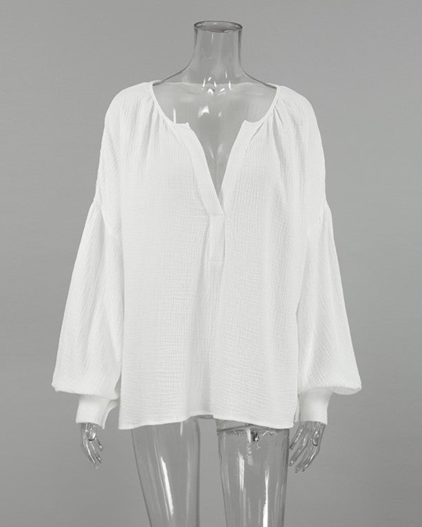 Crinkle Cotton Balloon Sleeve Popover Blouse - White