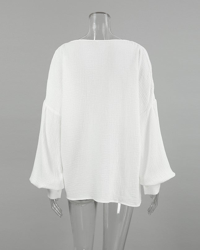 Crinkle Cotton Balloon Sleeve Popover Blouse - White - 1