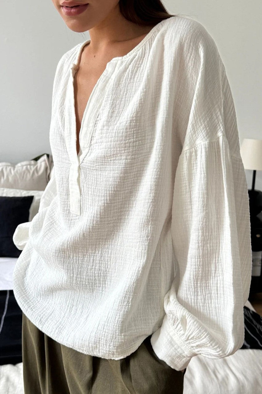 Crinkle Cotton Balloon Sleeve Popover Blouse - White - 2