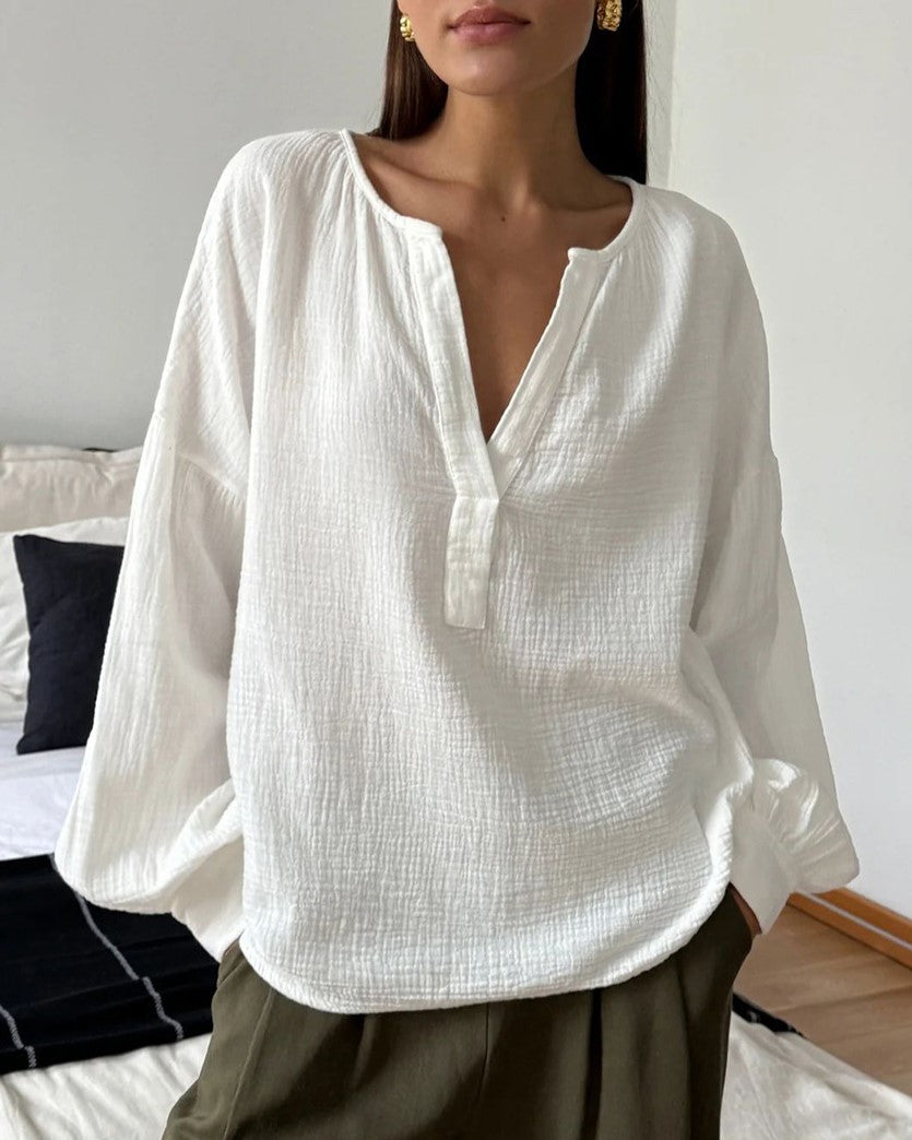 Crinkle Cotton Balloon Sleeve Popover Blouse - White - 3