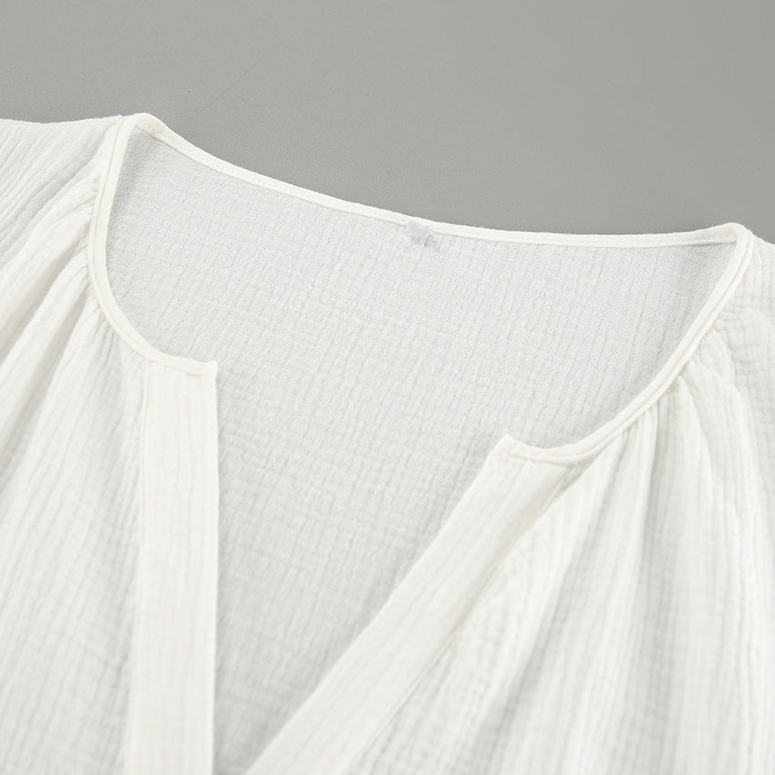 Crinkle Cotton Balloon Sleeve Popover Blouse - White - 4