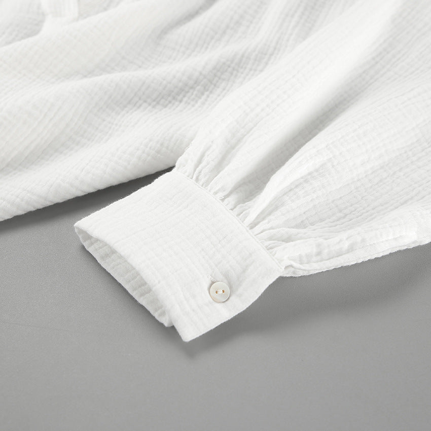Crinkle Cotton Balloon Sleeve Popover Blouse - White - 6