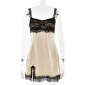 Satin Lace Bust Side Slit Mini Slip Dress - Apricot