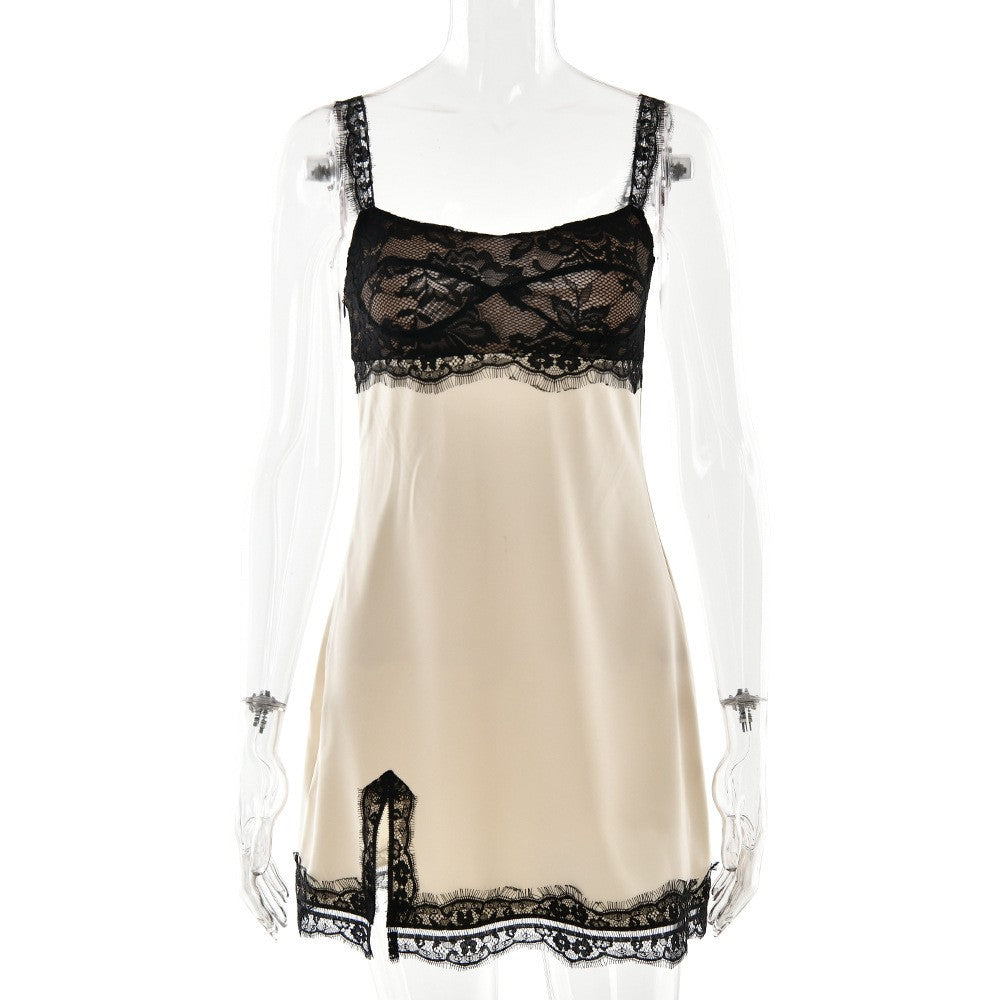 Satin Lace Bust Side Slit Mini Slip Dress - Apricot