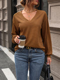 Slouchy V Neck Waffle Pullover Top - Brown