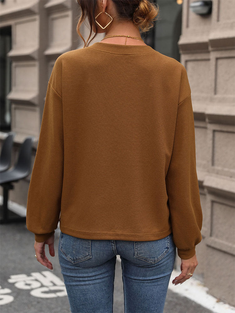 Slouchy V Neck Waffle Pullover Top - Brown - 2