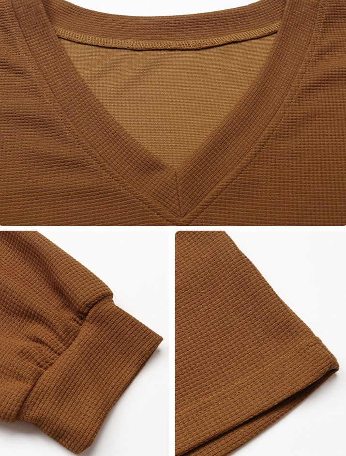 Slouchy V Neck Waffle Pullover Top - Brown - 3