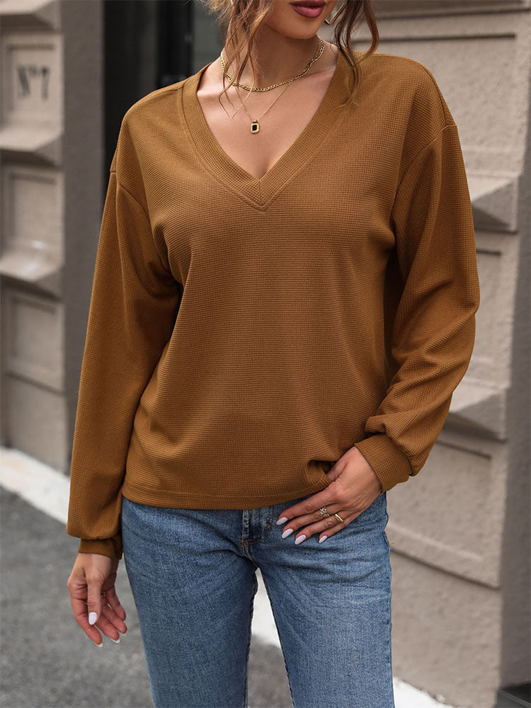 Slouchy V Neck Waffle Pullover Top - Brown - 4