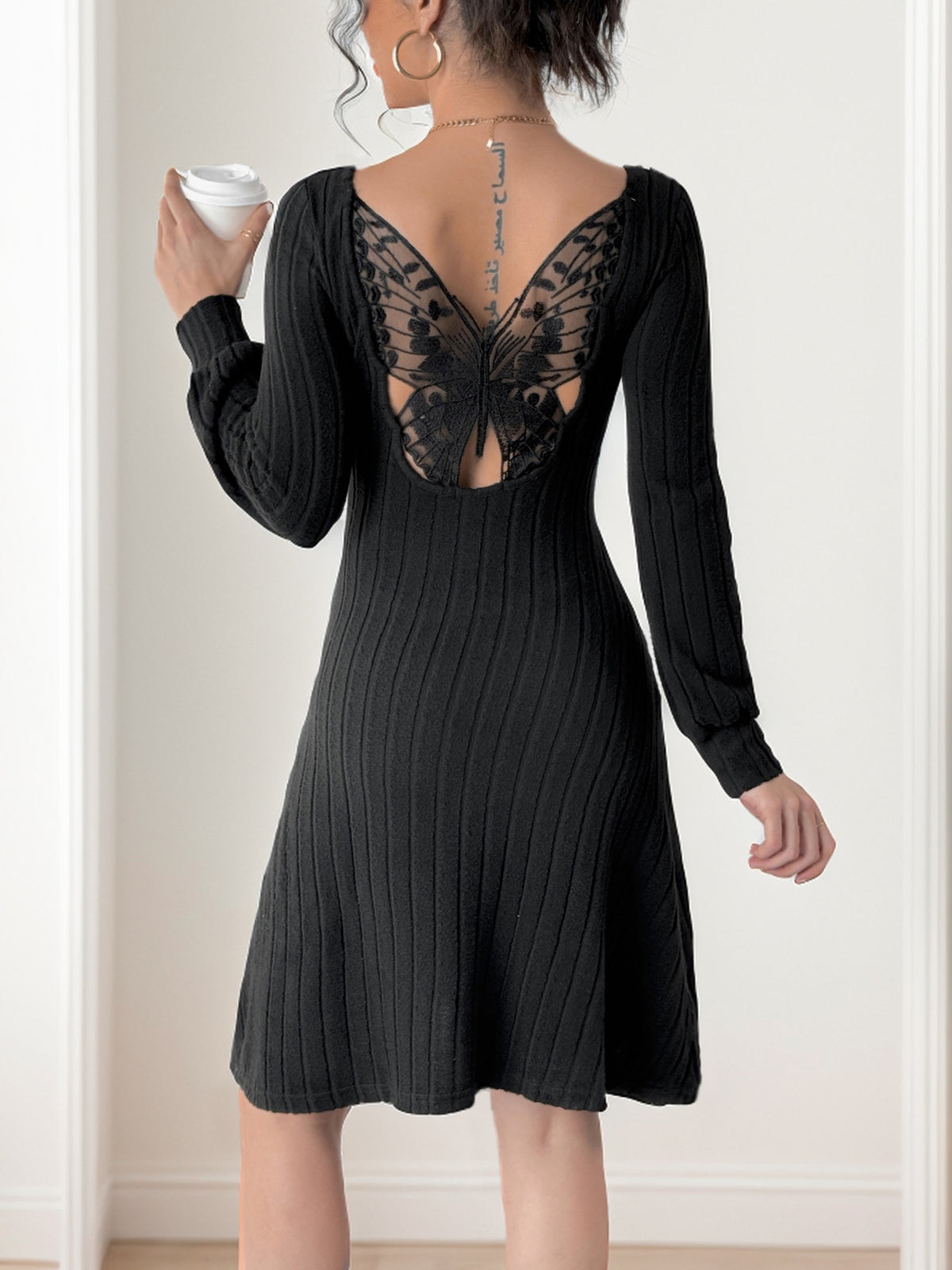 Ribbed Square Neck Lace Back Flare Dress - Black - 2