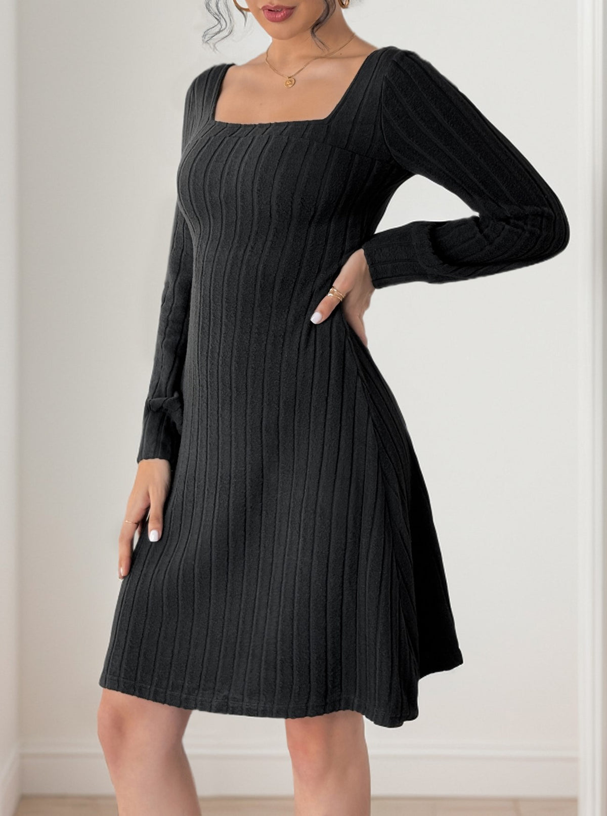 Ribbed Square Neck Lace Back Flare Dress - Black - 3