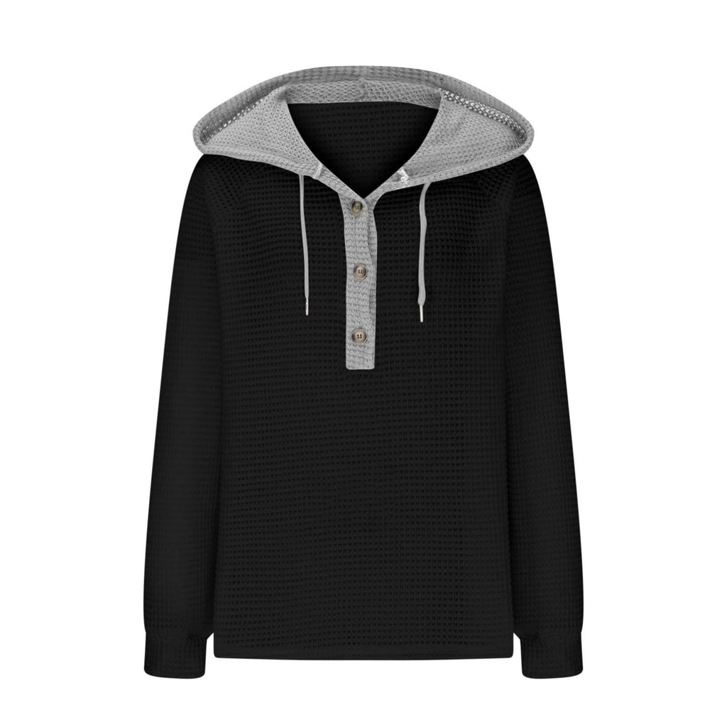 Colorblock Hooded Waffle Knit Sweatshirt - Black