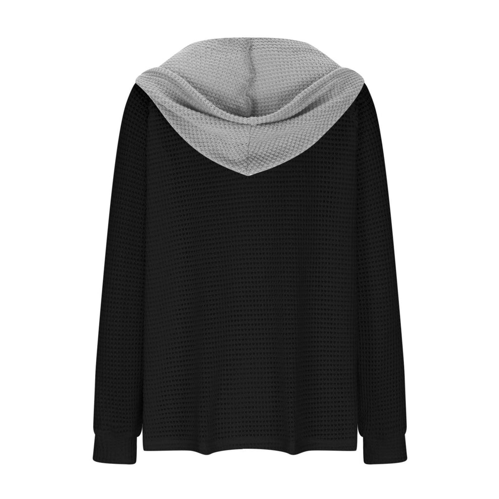 Colorblock Hooded Waffle Knit Sweatshirt - Black - 1