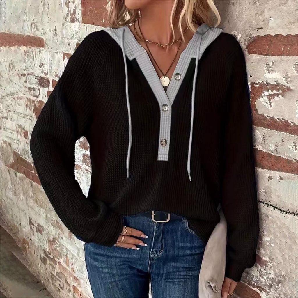 Colorblock Hooded Waffle Knit Sweatshirt - Black - 2