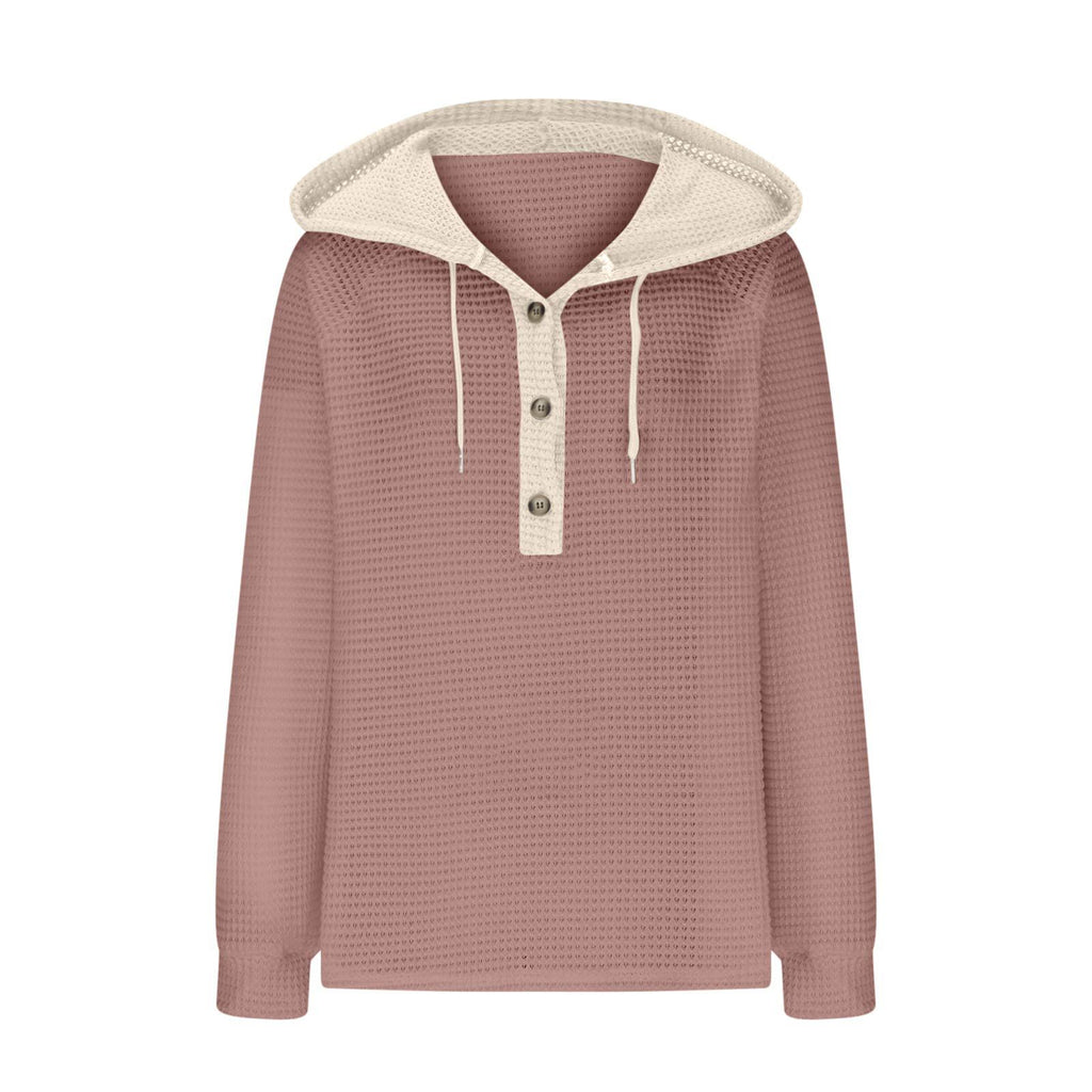 Colorblock Hooded Waffle Knit Sweatshirt - DarkPink