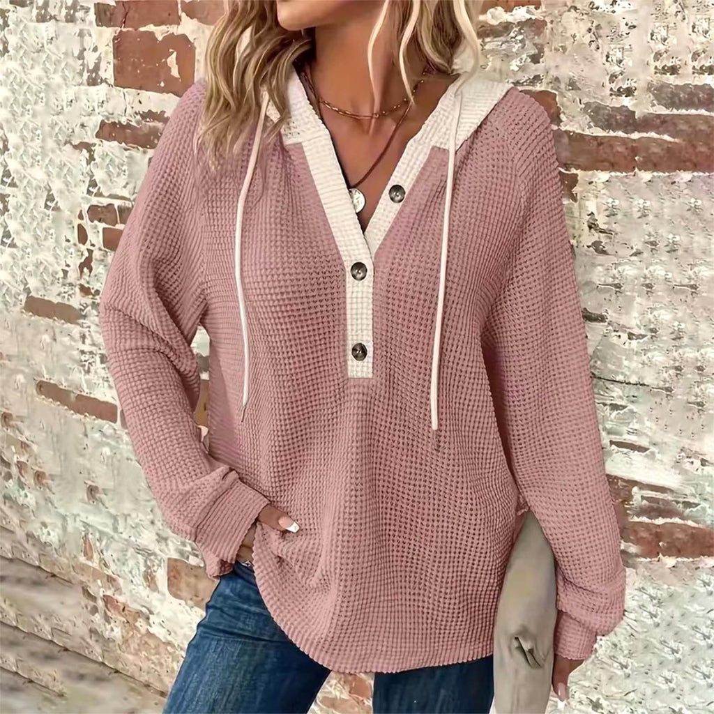 Colorblock Hooded Waffle Knit Sweatshirt - DarkPink - 2