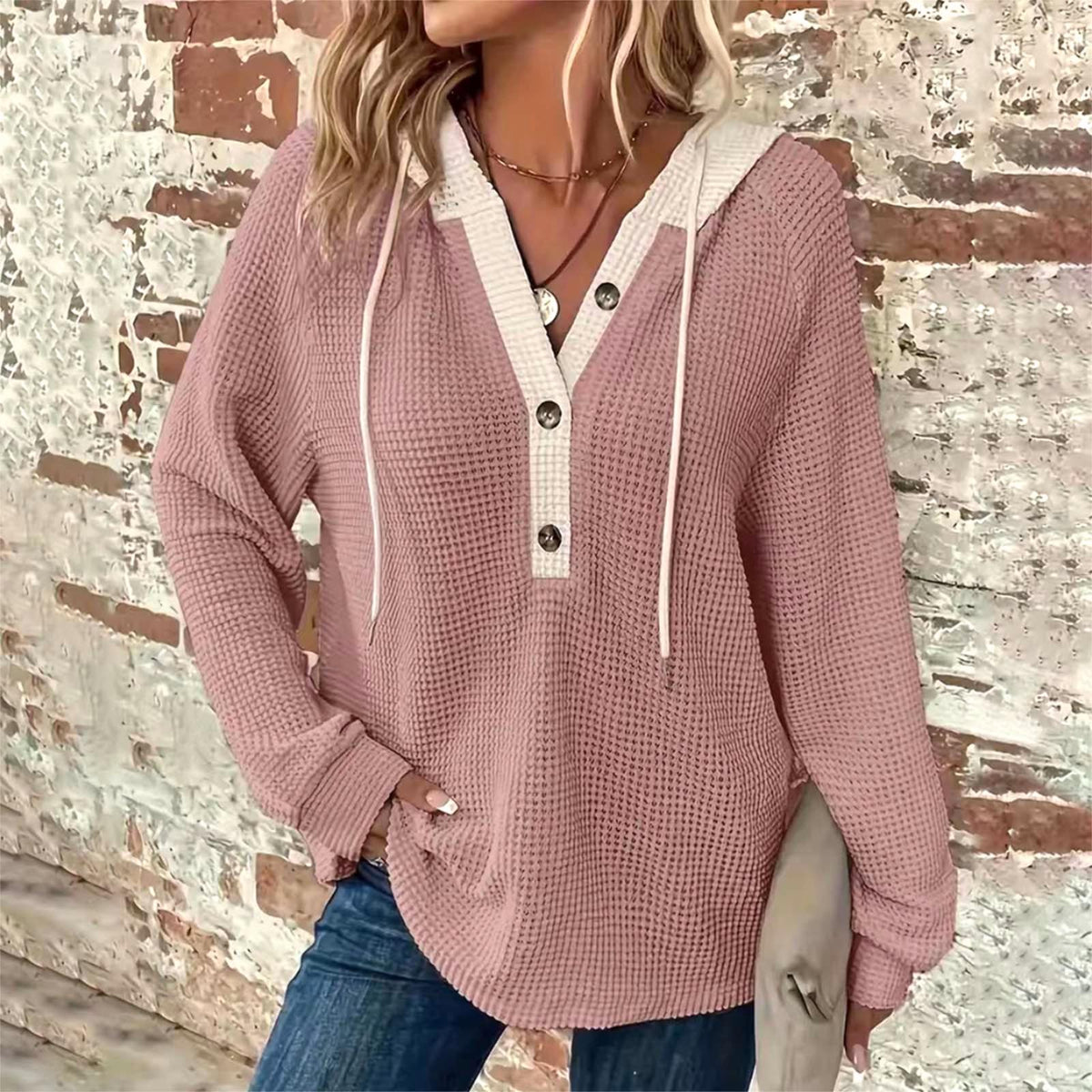 Colorblock Hooded Waffle Knit Sweatshirt - DarkPink - 2