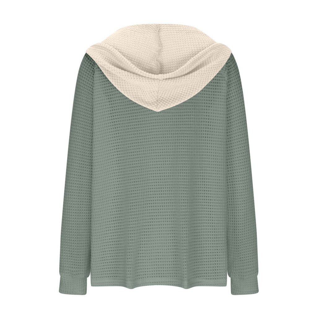 Colorblock Hooded Waffle Knit Sweatshirt - Green - 1