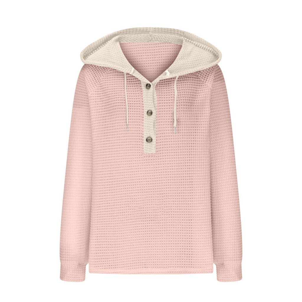 Colorblock Hooded Waffle Knit Sweatshirt - Pink