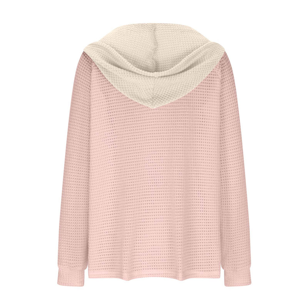Colorblock Hooded Waffle Knit Sweatshirt - Pink - 1