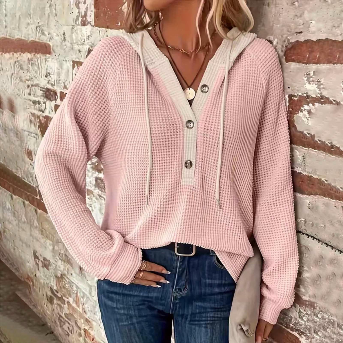Colorblock Hooded Waffle Knit Sweatshirt - Pink - 2