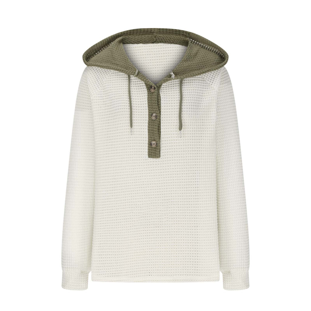 Colorblock Hooded Waffle Knit Sweatshirt - White