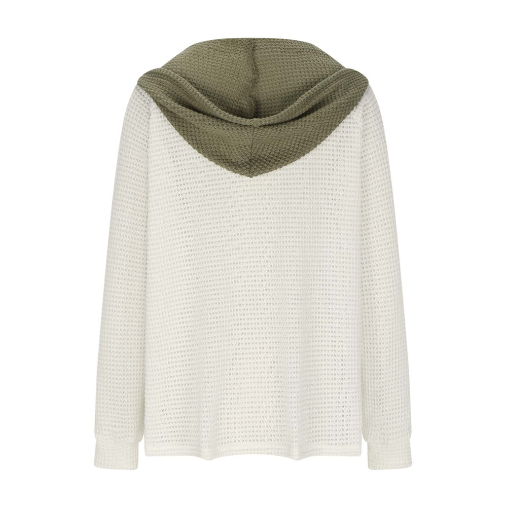 Colorblock Hooded Waffle Knit Sweatshirt - White - 1
