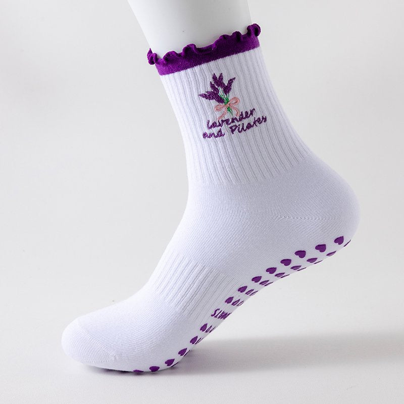 Ruffle Cuff Embroidered Pilates Grip Socks - Lavender