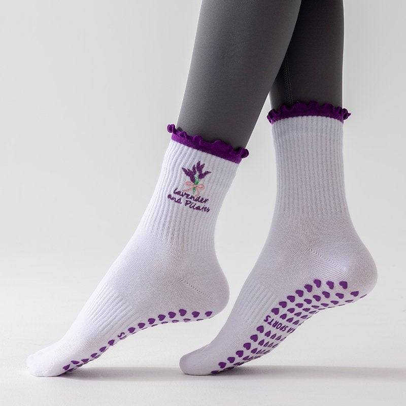 Ruffle Cuff Embroidered Pilates Grip Socks - Lavender - 1